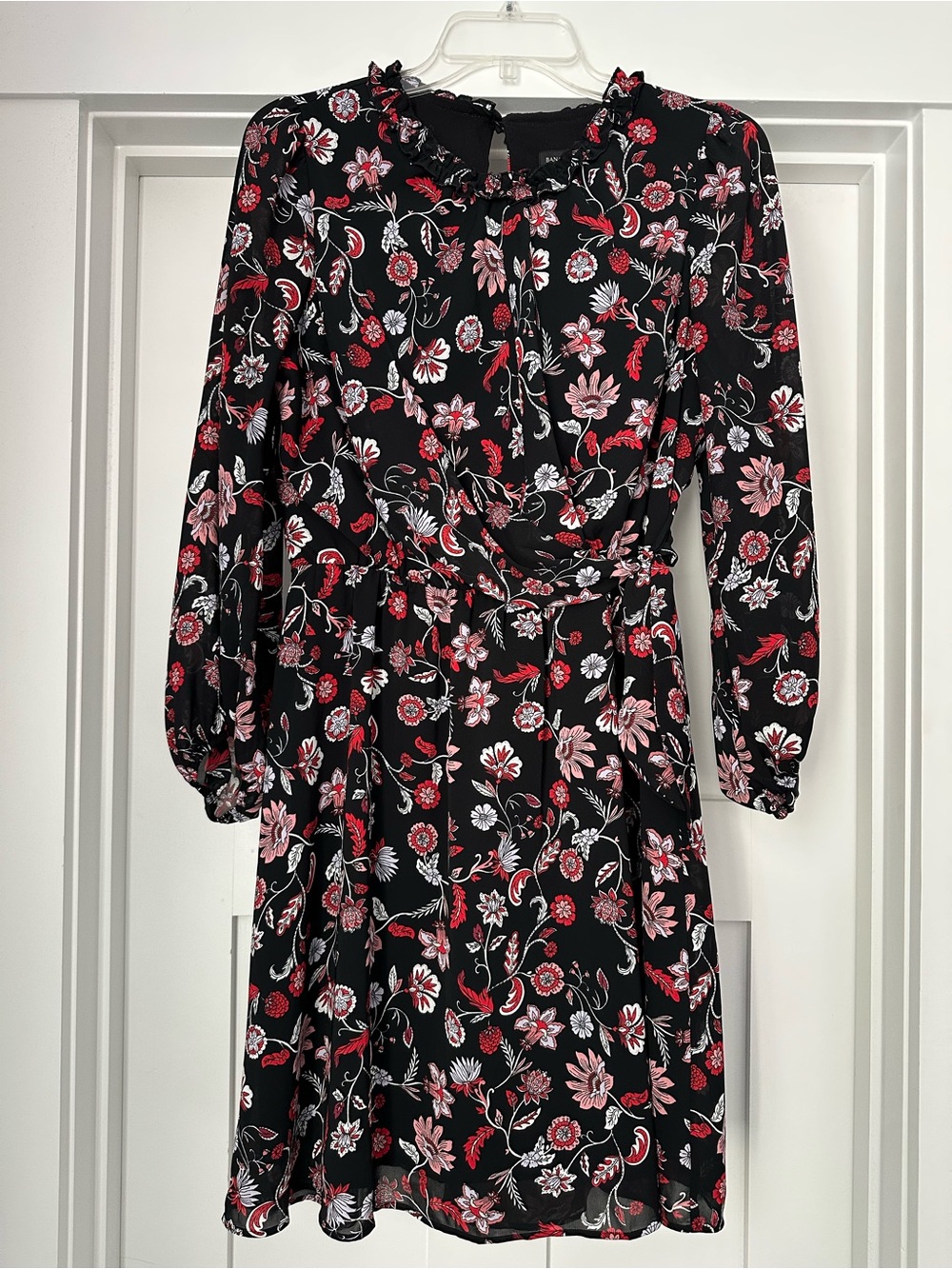 Banana Republic Black Floral Long-Sleeve Dress with Red and Pink Accents
